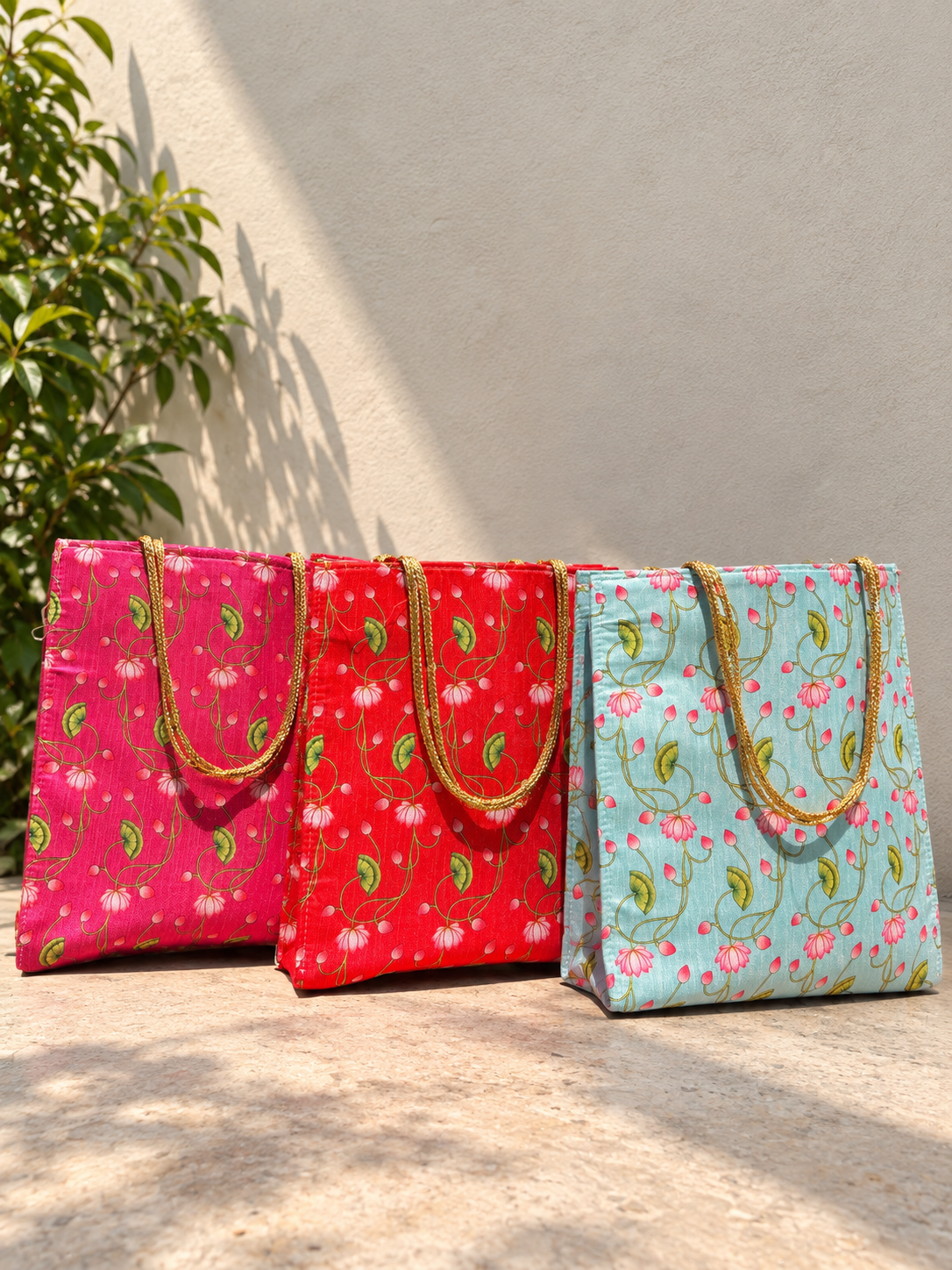 Pichwai Leaf Printed Fabric Gift Bags – Set of 5