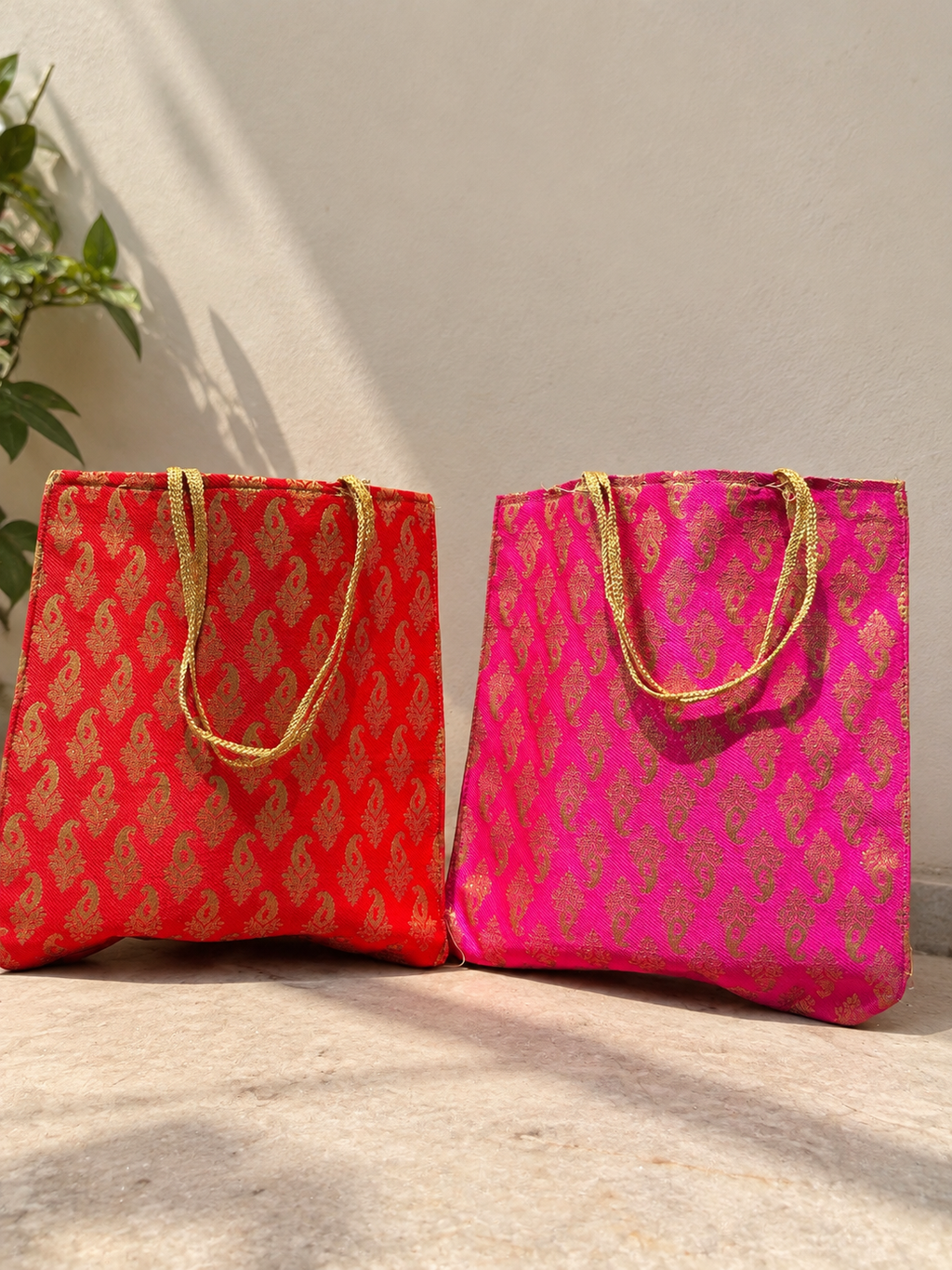 Brocade Printed Fabric Gift Bags with Gold Handles – Set of 5