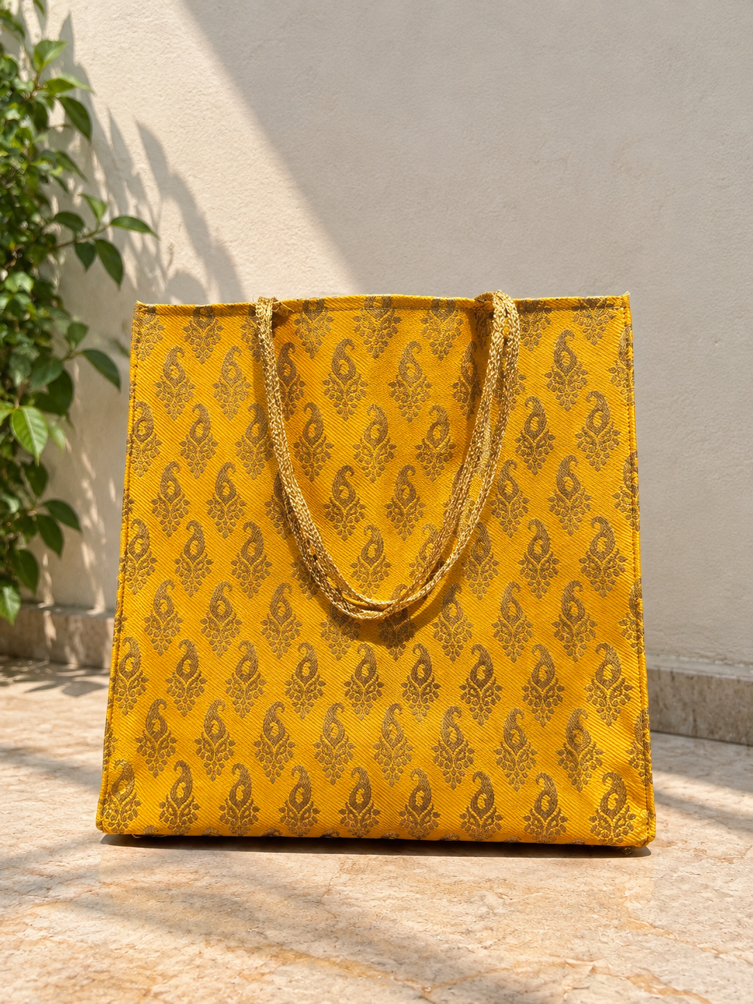 Brocade Printed Fabric Gift Bags with Gold Handles – Set of 5
