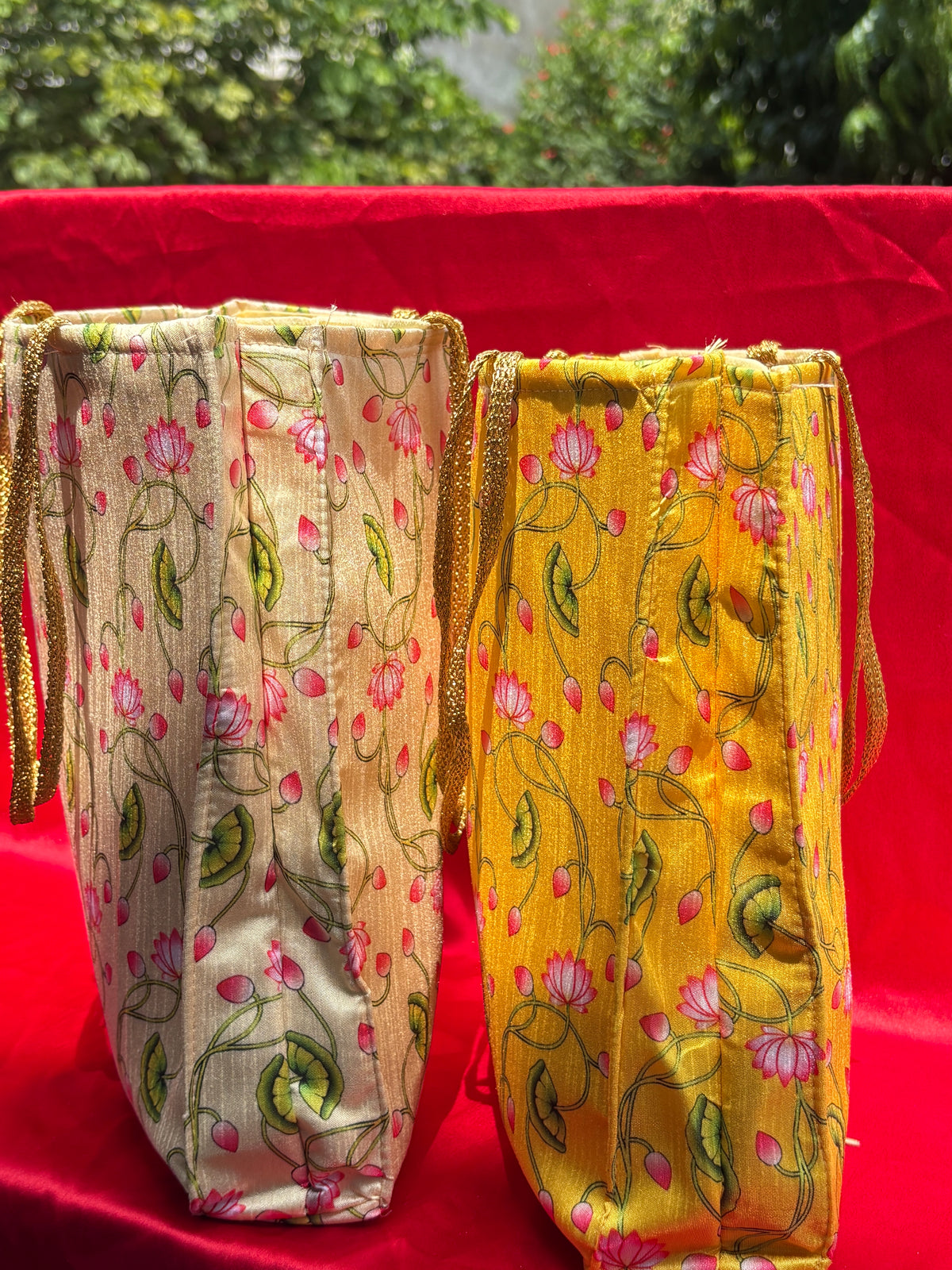 Pichwai Leaf Printed Fabric Gift Bags – Set of 5